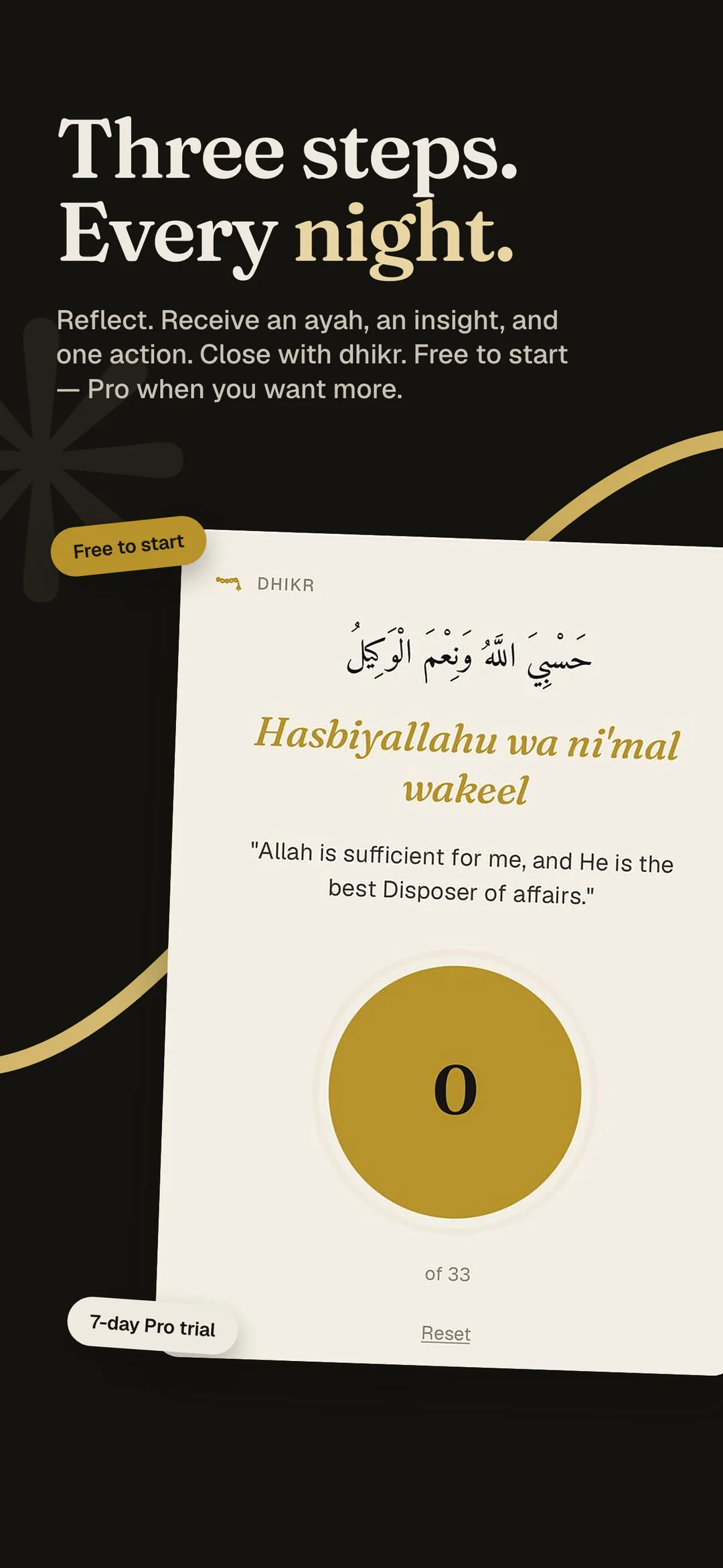 Three steps, every night. Reflect, receive an ayah, an insight and one action, close with dhikr.